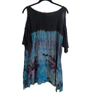 Advanced Apparels Tie Dye Top M Blue Cold Shoulder Sheer Biker Grunge 80s Folk